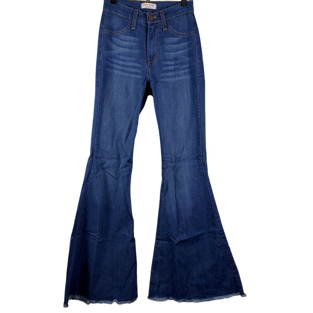 Judy Blue High Waist Bell Bottom Super Flare Raw Hem Jeans Dark Wash 1 25 W25